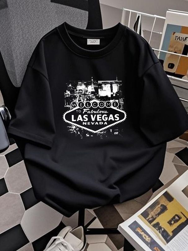 Men's Welcome To Fabulous Las Vegas Nevada Sign Strip Casino Poker Blackjack Gambling Vacation Tourist Crewneck T-Shirt Stretched Summer_viptrois.com