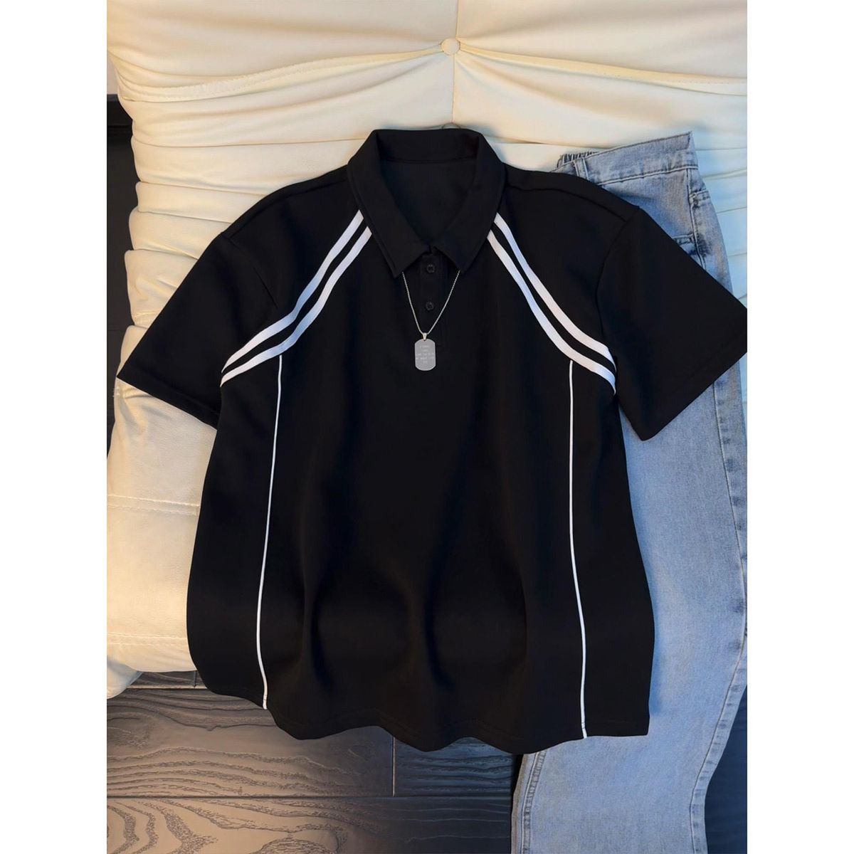 Cleanfit Men's Heavyweight Short Sleeve Shirt Summer American Style Color Block Shoulder T-Shirt Top Simple Design_viptrois.com