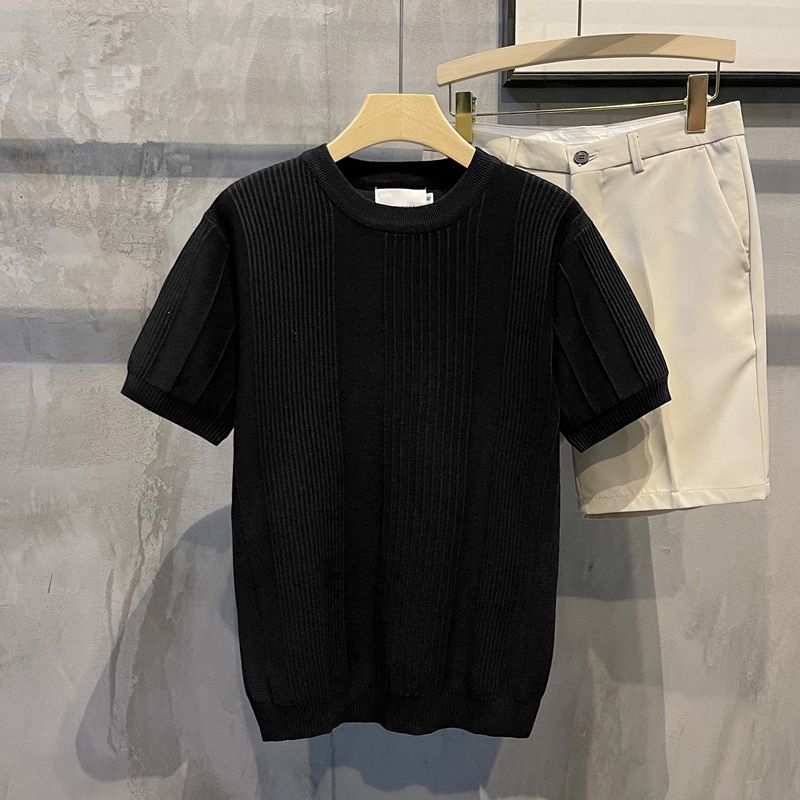 Men's Clothing Knitted Short Sleeved T Shirt Men's Summer Thin Ice Silk Half Sleeved Sweater Men's White Inner Wear Single Bottoming Top_viptrois.com