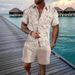 Men's Clothing Versatile Plant Pattern Printing Short Sleeved Village Shirt Shorts Suit_viptrois.com