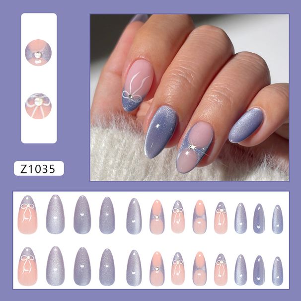 False Nails Cat's Eye Milk Blue French Bow Diamond Sweet Girl Ins Style Detachable Nail Art 24 Pieces_viptrois.com