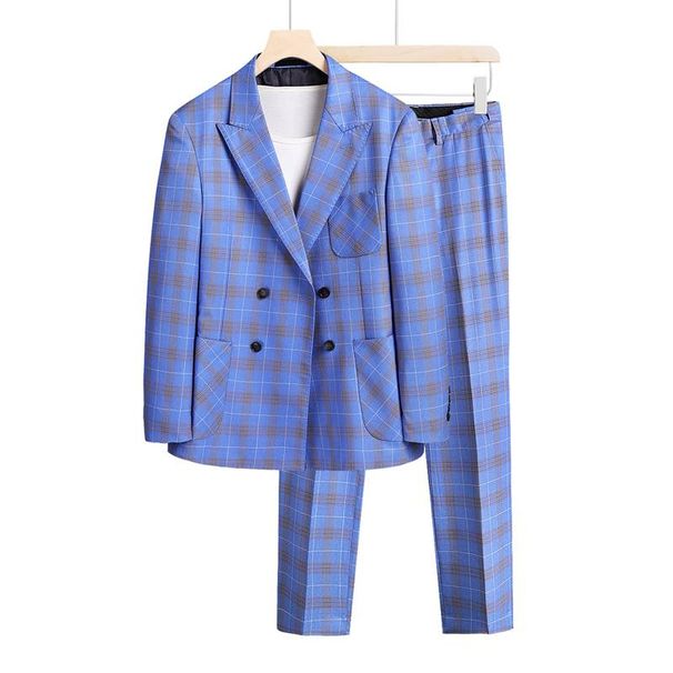 Men's Casual European And American Business Checkered Double-breasted Suit, Wedding Two-piece Suit For The Groom And Best Man + Trousers_viptrois.com