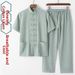 Men's Summer Tang Suit Thin Breathable Linen Short Sleeve Set Casual Dad Attire Style Retro With Frog Buttons_viptrois.com