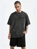 230g Washed Men T-Shirt Black Bat Wing Thorn Cross Minimal Graphic Print Short Sleeve Crew Neck Casual Streetwear Top_viptrois.com