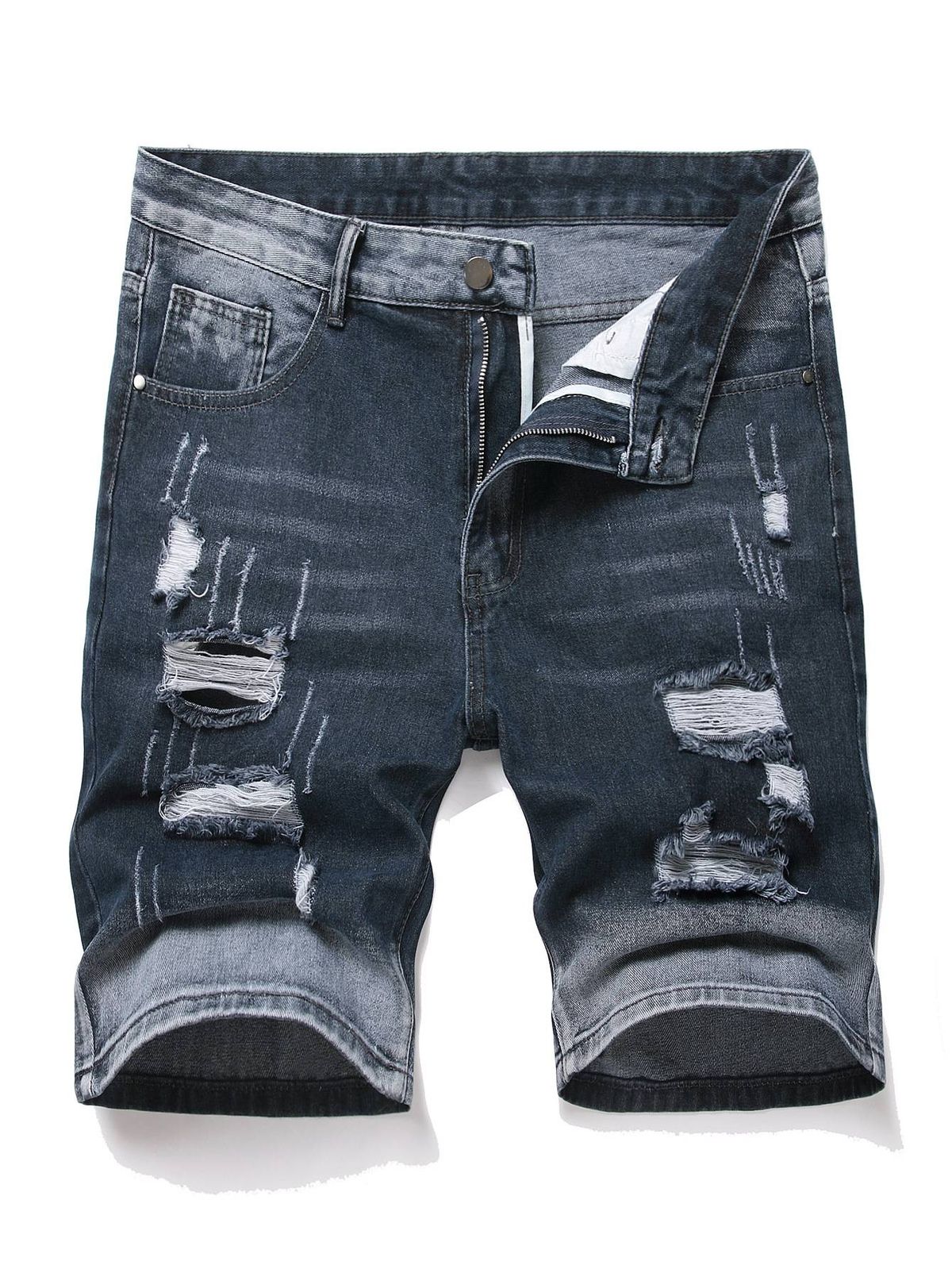 Men's Clothing Non Elastic Denim Shorts Summer Loose Straight New Style Old Denim Five Point Hole Pants_viptrois.com