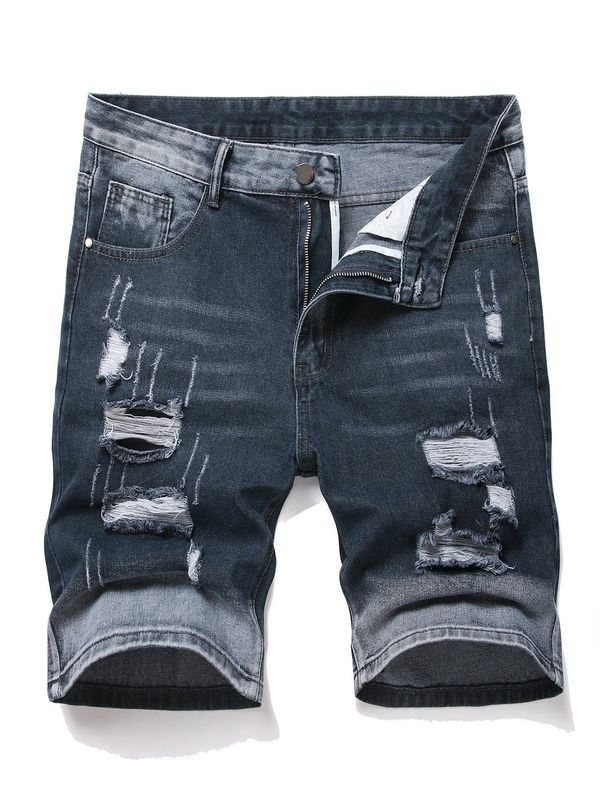 Men's Clothing Non Elastic Denim Shorts Summer Loose Straight New Style Old Denim Five Point Hole Pants_viptrois.com