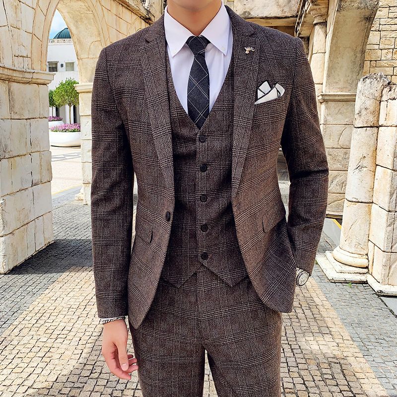Men's Three-piece Suit Korean Style British Slim Plaid Wedding Casual Three-piece Suit_viptrois.com