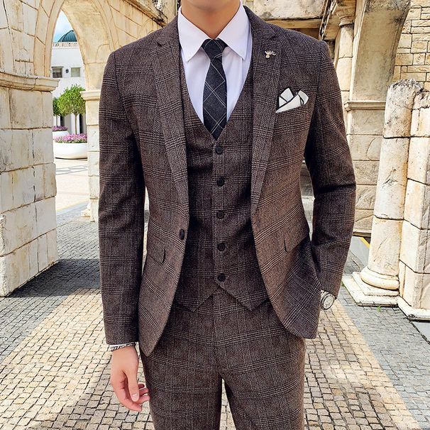 Men's Three-piece Suit Korean Style British Slim Plaid Wedding Casual Three-piece Suit_viptrois.com