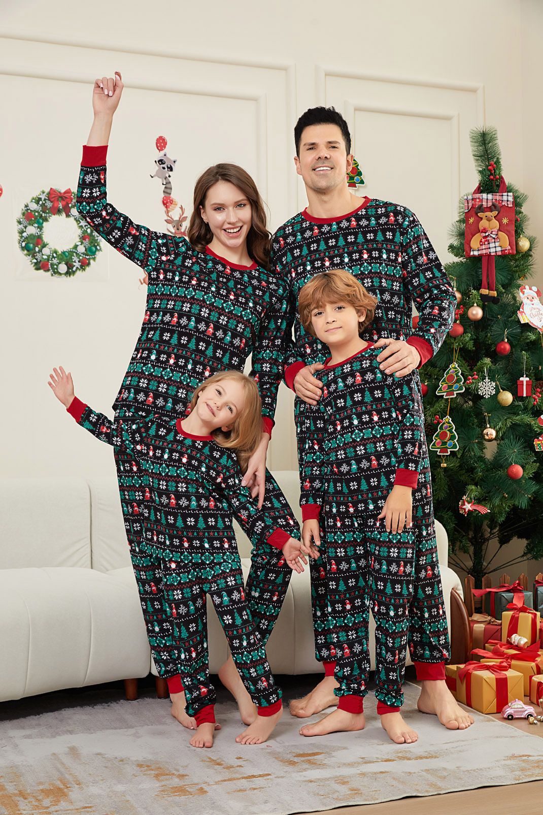 Christmas tree stripes full of flowers Christmas family clothing printed home clothes pajamas_viptrois.com