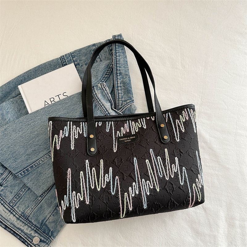 Stylish Striped Embroidered Tote Bag For Women - Lightweight Canvas Shoulder Bag With Detachable Charm, Spacious Design For Work, College & Daily Use_viptrois.com
