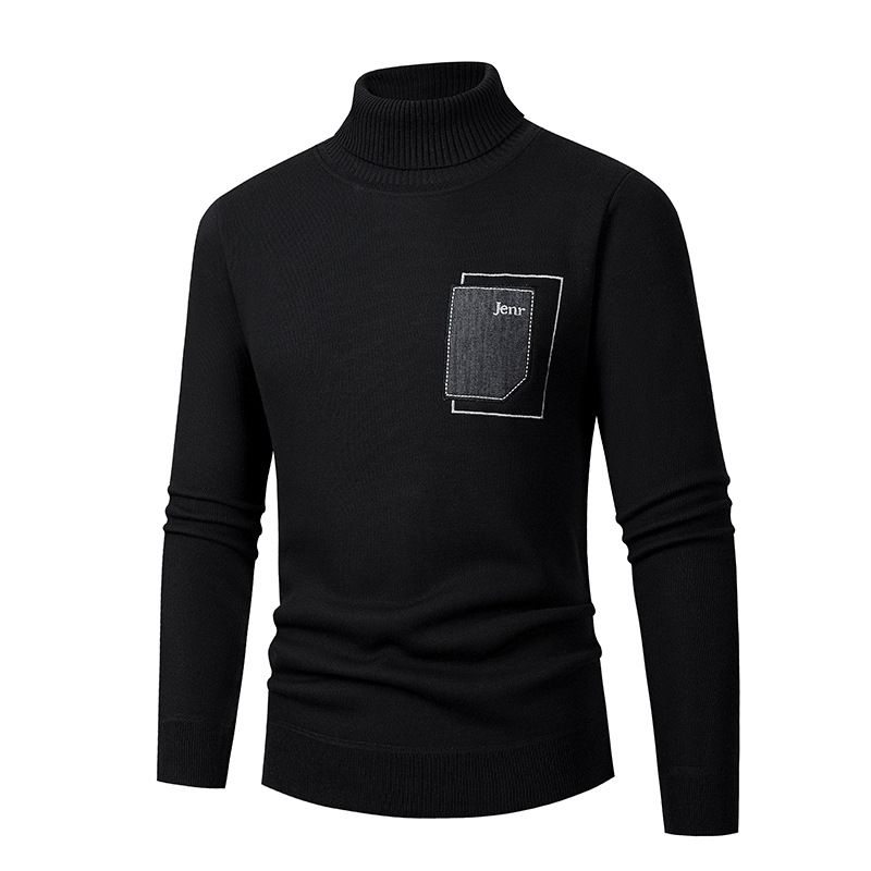 Men's High Neck Knit Sweater With Patchwork Design, Fleece-Lined Warm Pullover For Autumn Winter, Slim Fit Casual Comfortable Tops_viptrois.com