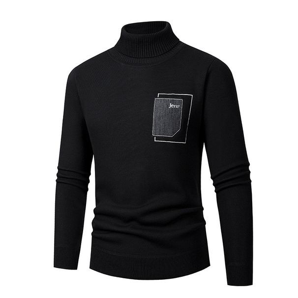 Men's High Neck Knit Sweater With Patchwork Design, Fleece-Lined Warm Pullover For Autumn Winter, Slim Fit Casual Comfortable Tops_viptrois.com