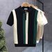 Men's Summer Ice Silk Knitted Polo Shirt Short Sleeve Trendy British Style Color Block Striped Casual Fashion Turn Down Collar T-Shirt_viptrois.com
