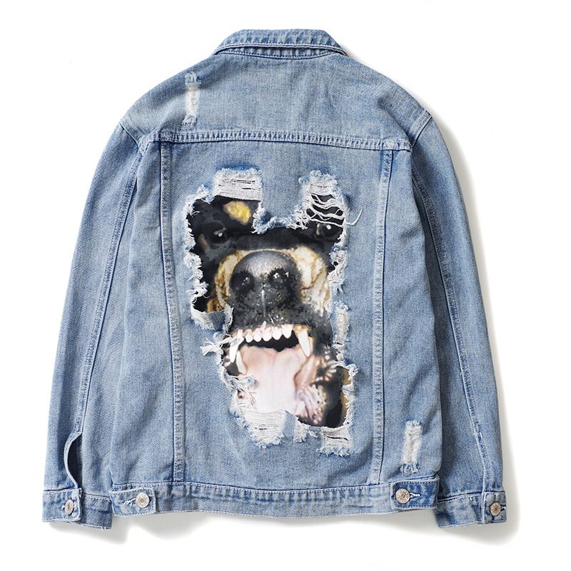 Men's Clothing trendy high street denim jacket trendy men's wear ins student loose hole print patch couple_viptrois.com