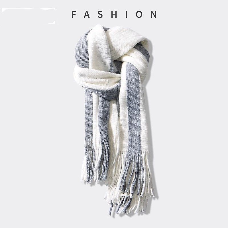 Color Matching Scarf Women's Winter Korean Version Versatile Knitted Wool Scarf Men's And Women's Couples Long Thermal Scarf_viptrois.com