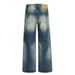 Men's Clothing Wasteland Style Ripped Old Jeans Men's High Street Trend Heavy Grinding White Washed And Worn Wide Leg Straight Trousers_viptrois.com