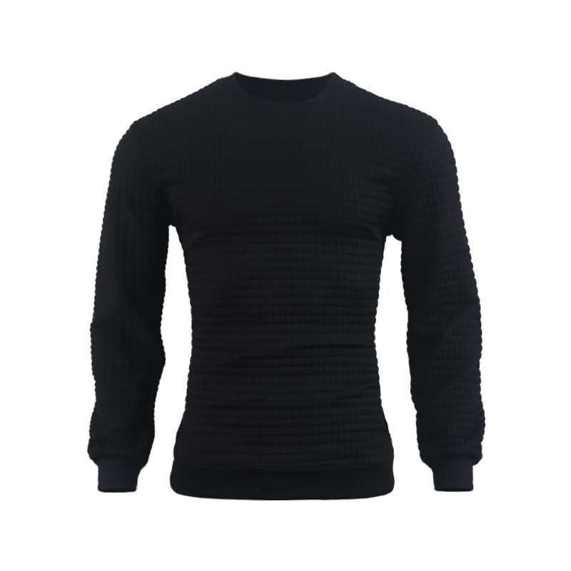 Men's Autumn and winter slim plaid hoodie men's round neck jumper solid color casual sports sweater_viptrois.com