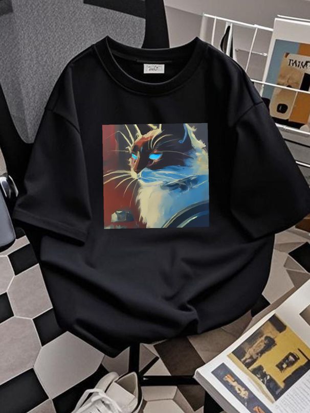 Cat T Shirt Abstract Funny Cute Art Tee Futuristic Sleek Cyber Techno Feline Slightly Homme Designer Clothes Comfortable Unisex Versatile Graphic_viptrois.com