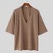 2025 Summer New Mid Sleeve Pit Striped Sweater Elastic Casual Loose V Neck T Shirt_viptrois.com