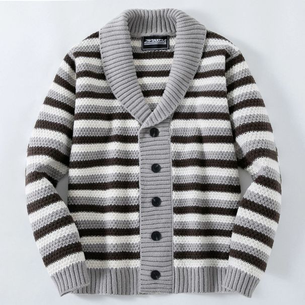 Pure Foreign Trade Clothing European And American Men's Striped Jacquard Knit Sweater Autumn Winter Cardigan Woolen_viptrois.com