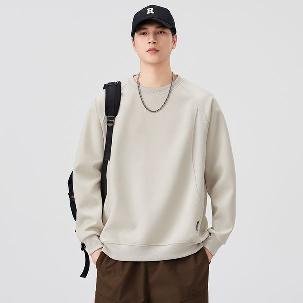 Solid Color Crew Neck Sweatshirt Men, Loose Fit, Versatile, Casual, Warm Base Shirt, American Style Trendy Brand Top For_viptrois.com