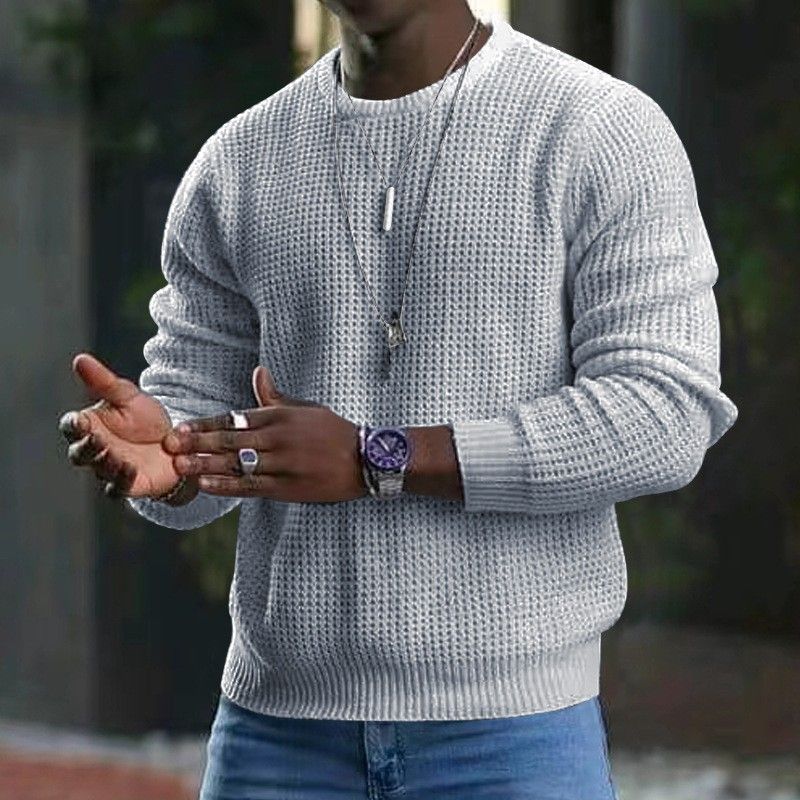 Men's Waffle Knit Sweater - Breathable Poly-Cotton Pullover With Relaxed Fit (Black/Beige/White/Gray/Blue, S-XXXL)_viptrois.com