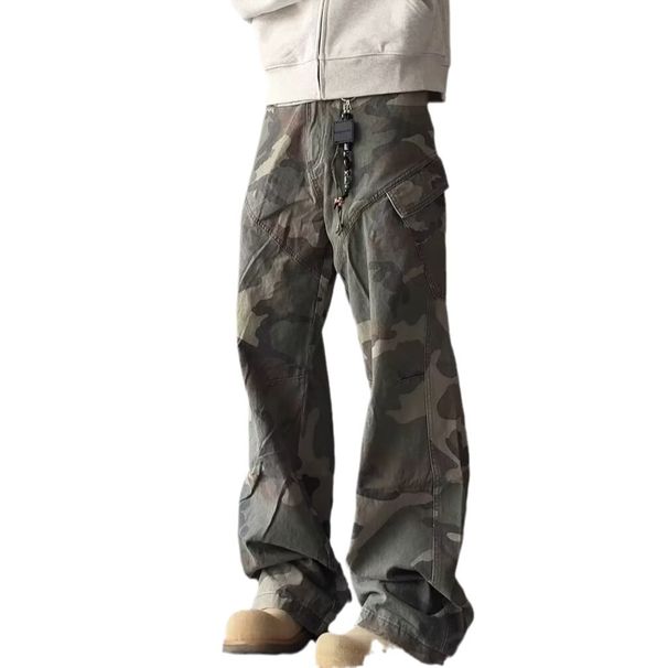 Spring Autumn Fashion American High Street Hip-Hop Overalls Men Polyester Mid Waist Multiple Pocket Folds Straight Type Camouflage Cargo Pants S-3XL_viptrois.com