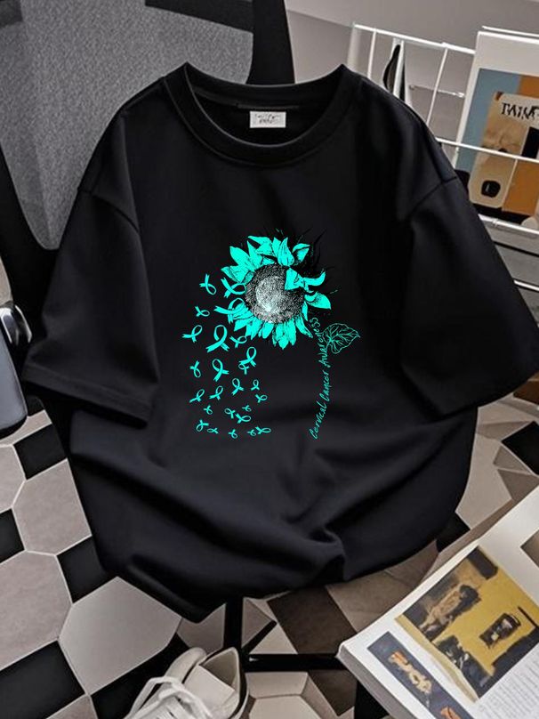 Women Tops CERVICAL CANCER AWARENESS Sunflower Teal Ribbon T Shirt Soft Designer Clothes Comfortable Homme Stretched Slightly Fashion Stylish_viptrois.com