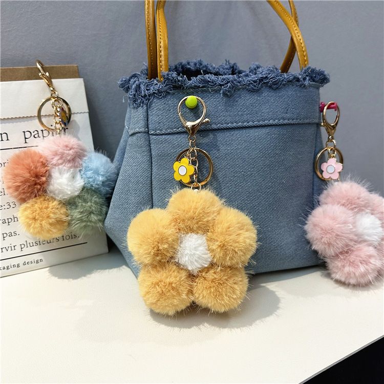 Bag Charm Cherry Blossom Fur Ball Car Keychain Small Fresh Colored Plush Flower Mobile Phone Ornaments Flower Bag Pendant Gift_viptrois.com