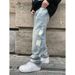 Men's Clothing Washed Old Tie Dyed Ripped Jeans Men's Loose Straight Casual Mopping Trousers_viptrois.com