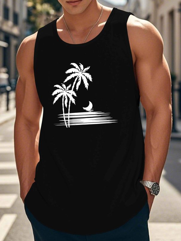 Canotta Uomo Girocollo 100% Cotone Stampa Geometrica Palme Luna Bordeaux Vestibilità Regolare Traspirante Lavabile Spiaggia Tropicale Multicolore_viptrois.com