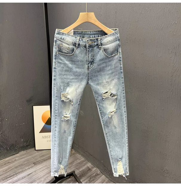 Thin Distressed Elastic 2025 Summer Slim Fit Ruffled And Handsome Cropped Jeans, Men's Fur Edge Trendy Small Leg Casual_viptrois.com
