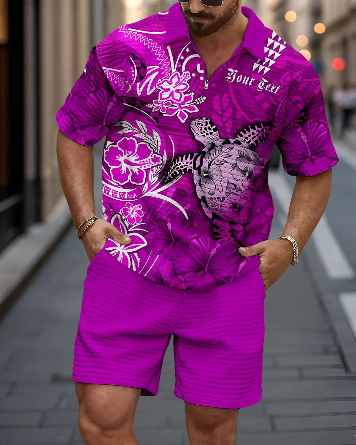 Men's Clothing Summer Fashion Lapel Quarter Zip Shirt Top Shorts Set_viptrois.com