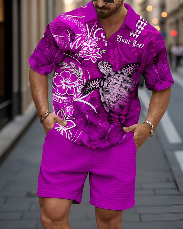 Men's Clothing Summer Fashion Lapel Quarter Zip Shirt Top Shorts Set_viptrois.com