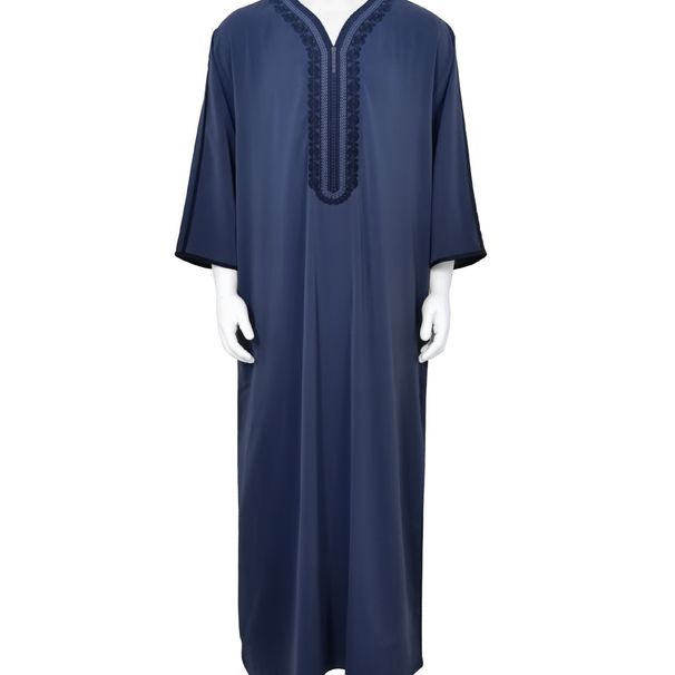 Men's Clothing New Muslim mid sleeve embroidered robe ethnic style men's robe side pocket Muslim robe_viptrois.com