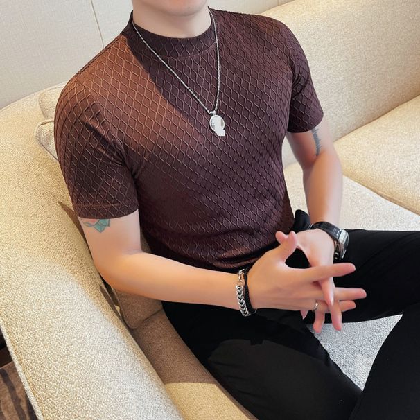 Men's Elastic Round Neck Short Sleeved T Shirt Fashionable Versatile Casual Thin Jacquard T Shirt Men_viptrois.com