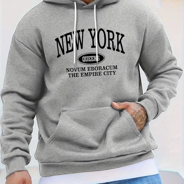 Men's Autumn And Winter Casual Fashion Loose Hooded Sweatshirt With New York Letter Pattern Print Warm Long Sleeved Pullover_viptrois.com