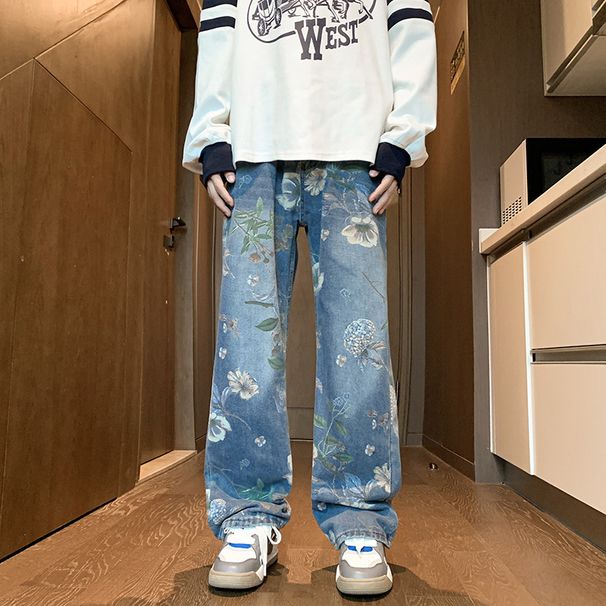 Men's Clothing Vibe Printed Jeans Spring And Autumn Trendy Hip Hop Pants Handsome Loose Wide Leg Mopping Pants_viptrois.com