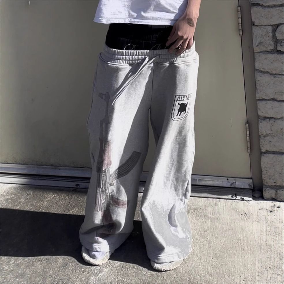 Men's Clothing Retro Street Hip Hop Loose Casual Trousers Double Waist Fake Two Piece Printed Sweatpants Men_viptrois.com