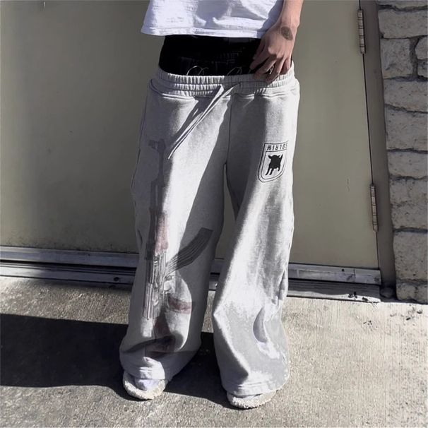 Men's Clothing Retro Street Hip Hop Loose Casual Trousers Double Waist Fake Two Piece Printed Sweatpants Men_viptrois.com