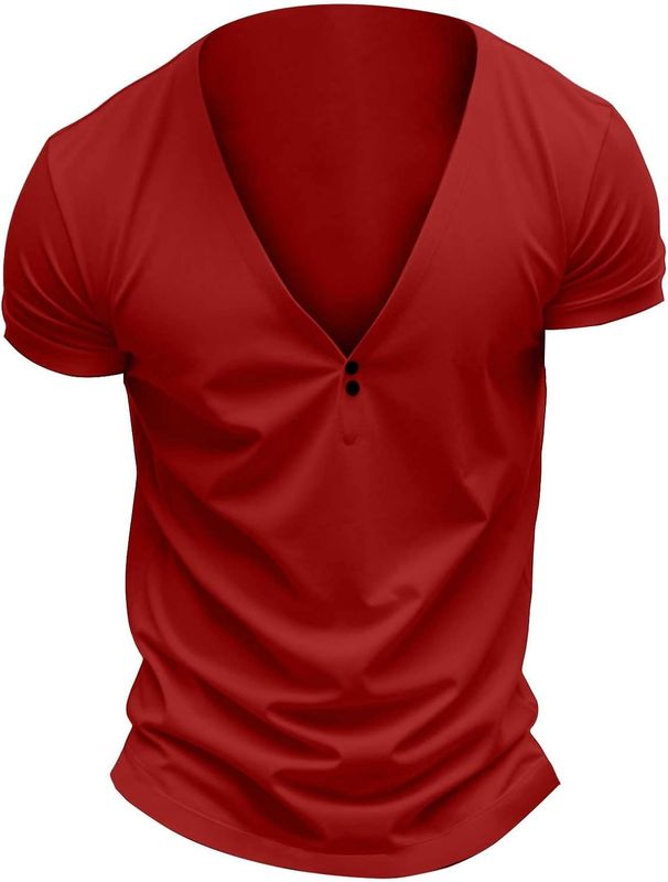 Henley Shirt Kurzarm Slim Fit, Tshirt Herren V Ausschnitt Minimalistische Einfarbig Basic Tshirts Button Down_viptrois.com