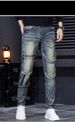 Men's new autumn street fashion men's jeans spliced slim fit scratched holes beggar small straight mid-waist pants_viptrois.com