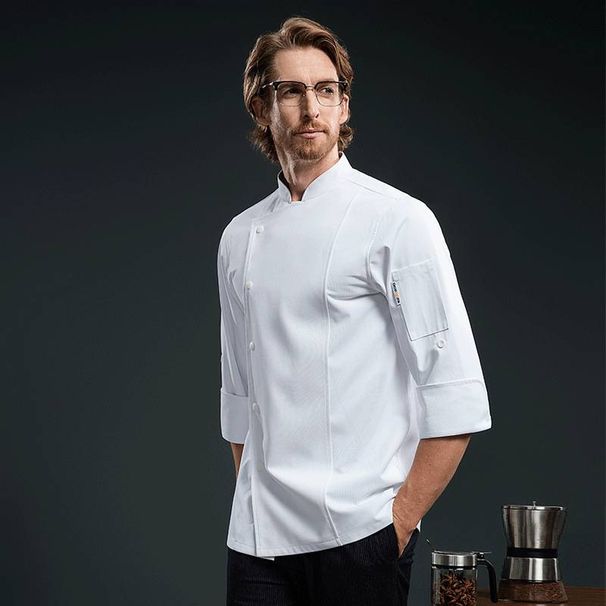 Men's Clothing Three Quarter Sleeves Adjustable Hotel Chef Work Clothes Catering Western Restaurant Bakery Back Kitchen High End White Work Clothes_viptrois.com