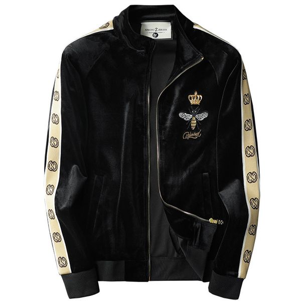 2026 High Quality Fashion Classic Outerwear Youth/Men Stand Collar Embroidery Splicing Long Sleeve Casual Zipper Velvet Jacket M-4XL_viptrois.com