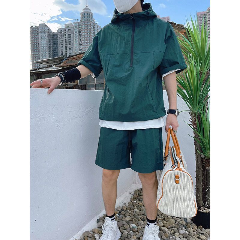 Men's Clothing New Loose Zipper Two Piece Suit Fashionable Solid Color Trend Shorts Suit_viptrois.com