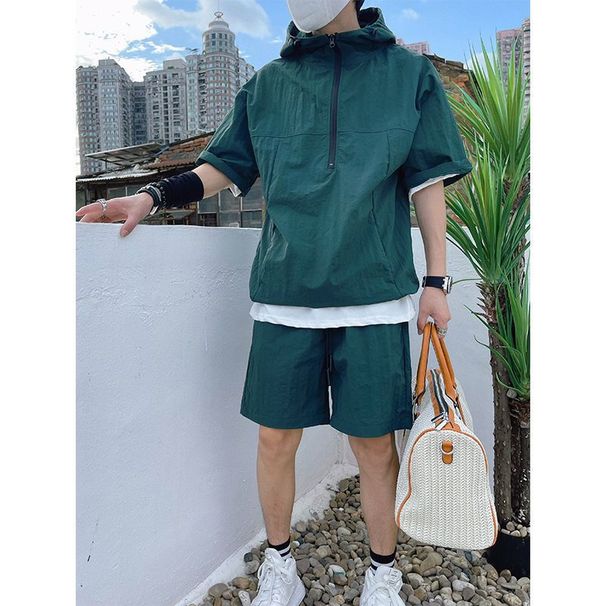 Men's Clothing New Loose Zipper Two Piece Suit Fashionable Solid Color Trend Shorts Suit_viptrois.com