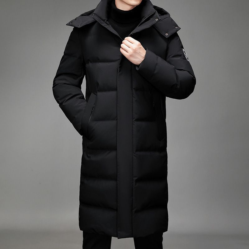 Men's Long Hooded Down Jacket – Korean-Trim Fit With Windproof Tech (M-5XL, Black/Gray)_viptrois.com