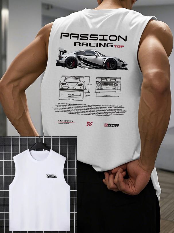 100% Pure Cotton Men's Summer Casual Sports Fitness Loose PASSION RACING TOP Pattern Printed Breathable Round Neck Sleeveless Vest_viptrois.com