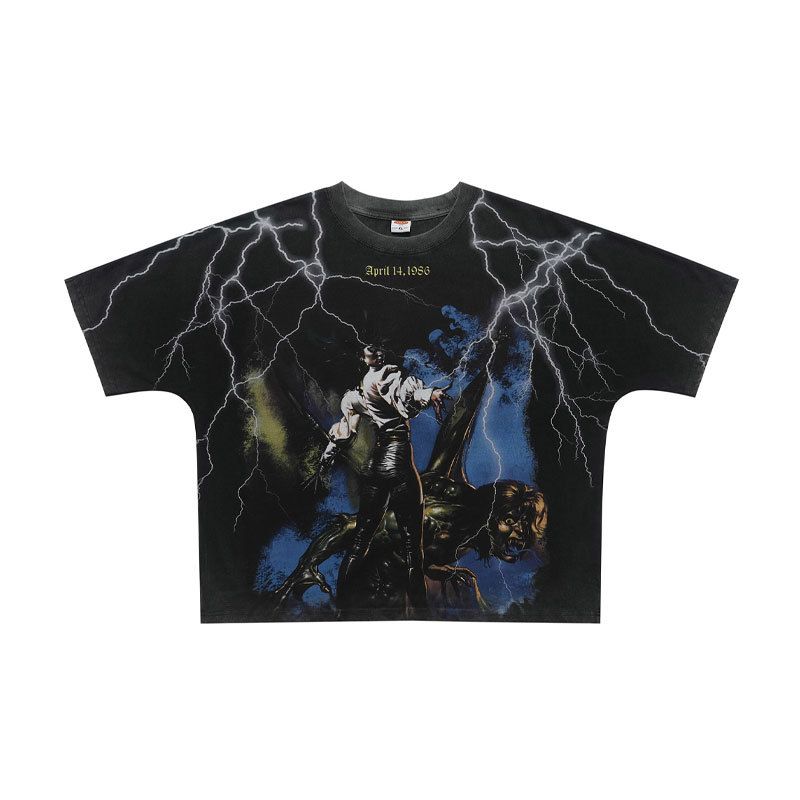 American Thunderbolt Cartoon Full-Print Washed Vintage Loose Fit One-Piece Cut Short Sleeve T-Shirt_viptrois.com
