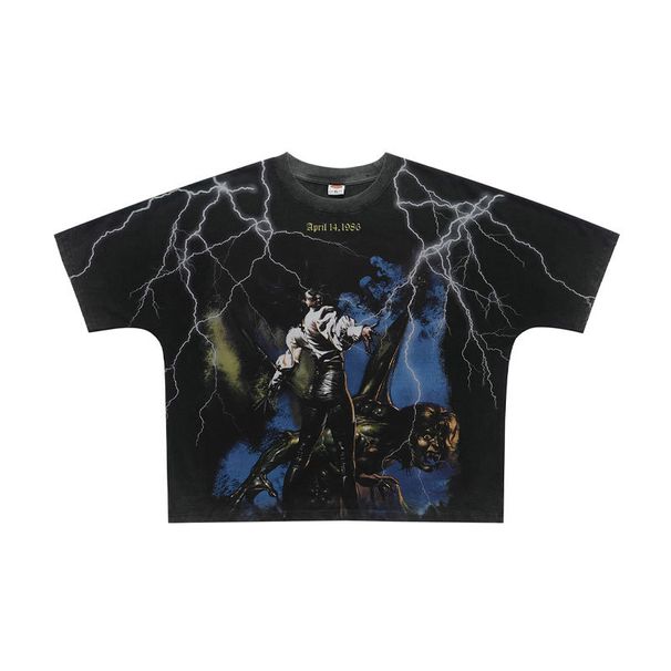 American Thunderbolt Cartoon Full-Print Washed Vintage Loose Fit One-Piece Cut Short Sleeve T-Shirt_viptrois.com